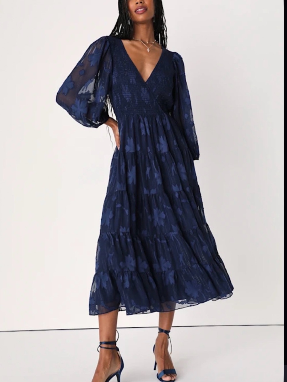 Lulu's Navy Floral Tiered V-Neck Midi Dress